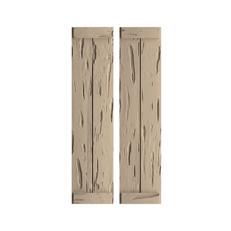 Rustic Two Board Joined Board-n-Batten Pecky Cypress Faux Wood Shutters W/End Batten, 11W X 74H